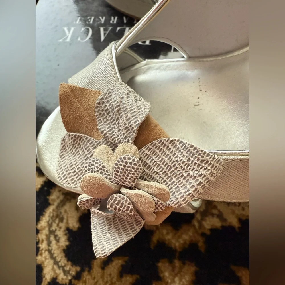 White House Black Market Silver and Tan Wedges